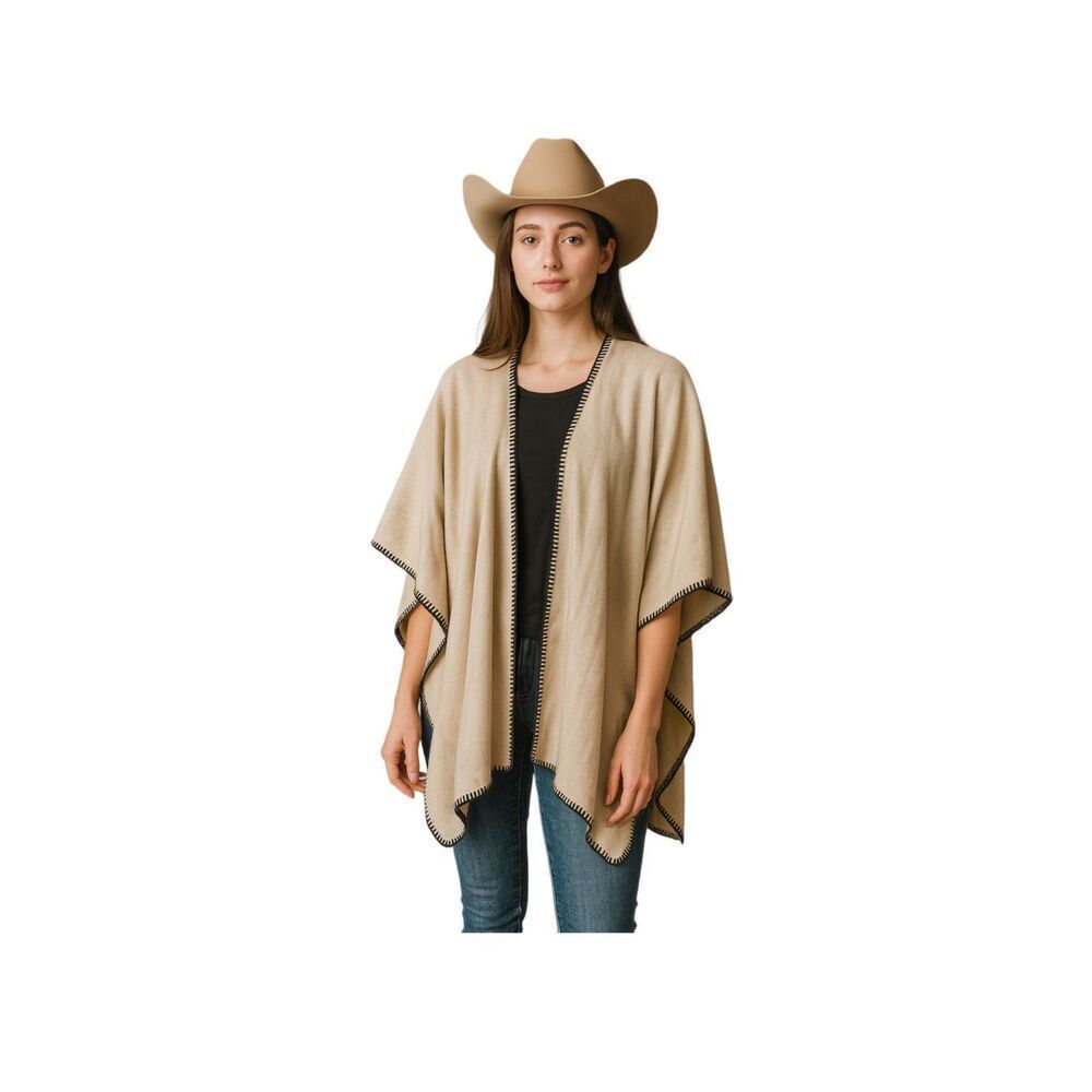 Denim & Company tan herringbone open poncho cape. Boho festival